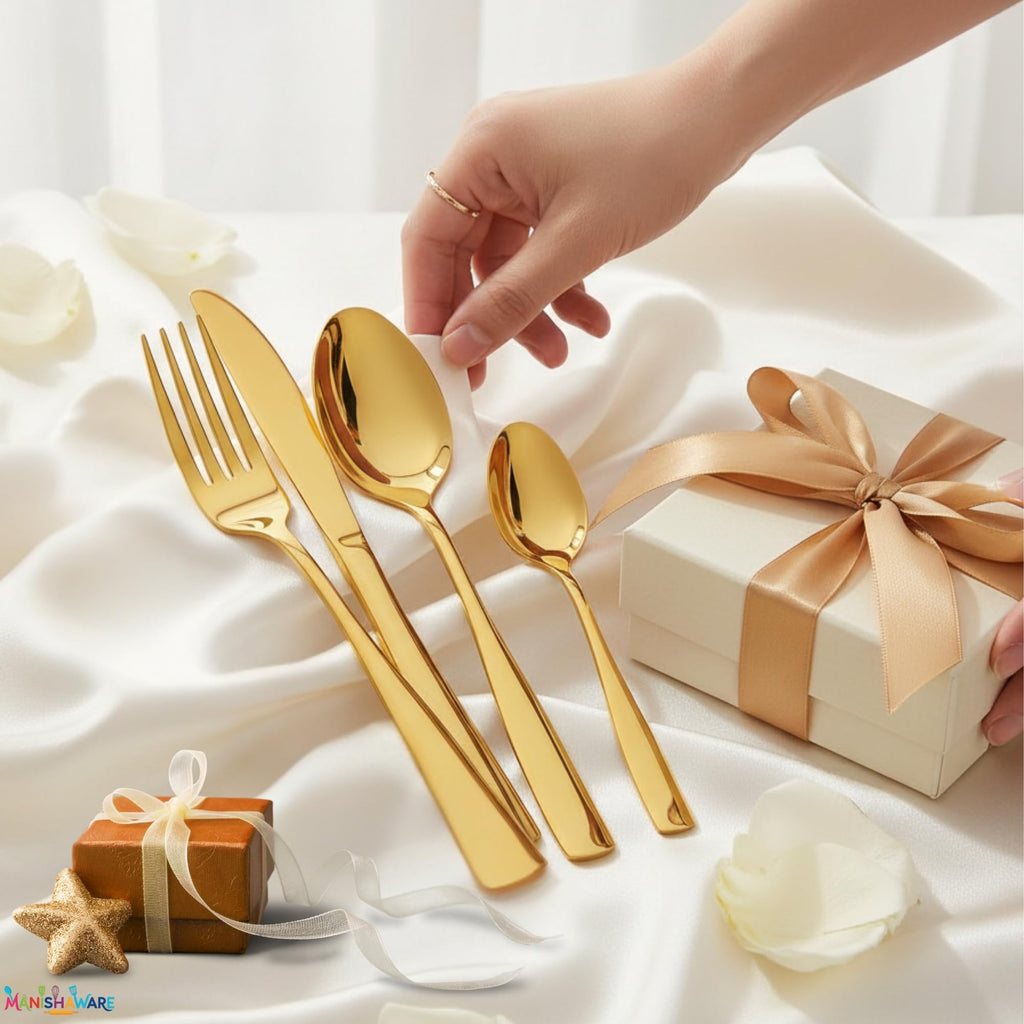 Manishaware Mirror Polished Gold 12 Pcs Stainless Steel Cutlery Set for Dining Table, Dishwasher Safe Glossy Flatware (3 spoon set + 3 forks set + 3 Butter knife + 3 Dessert Spoon)
