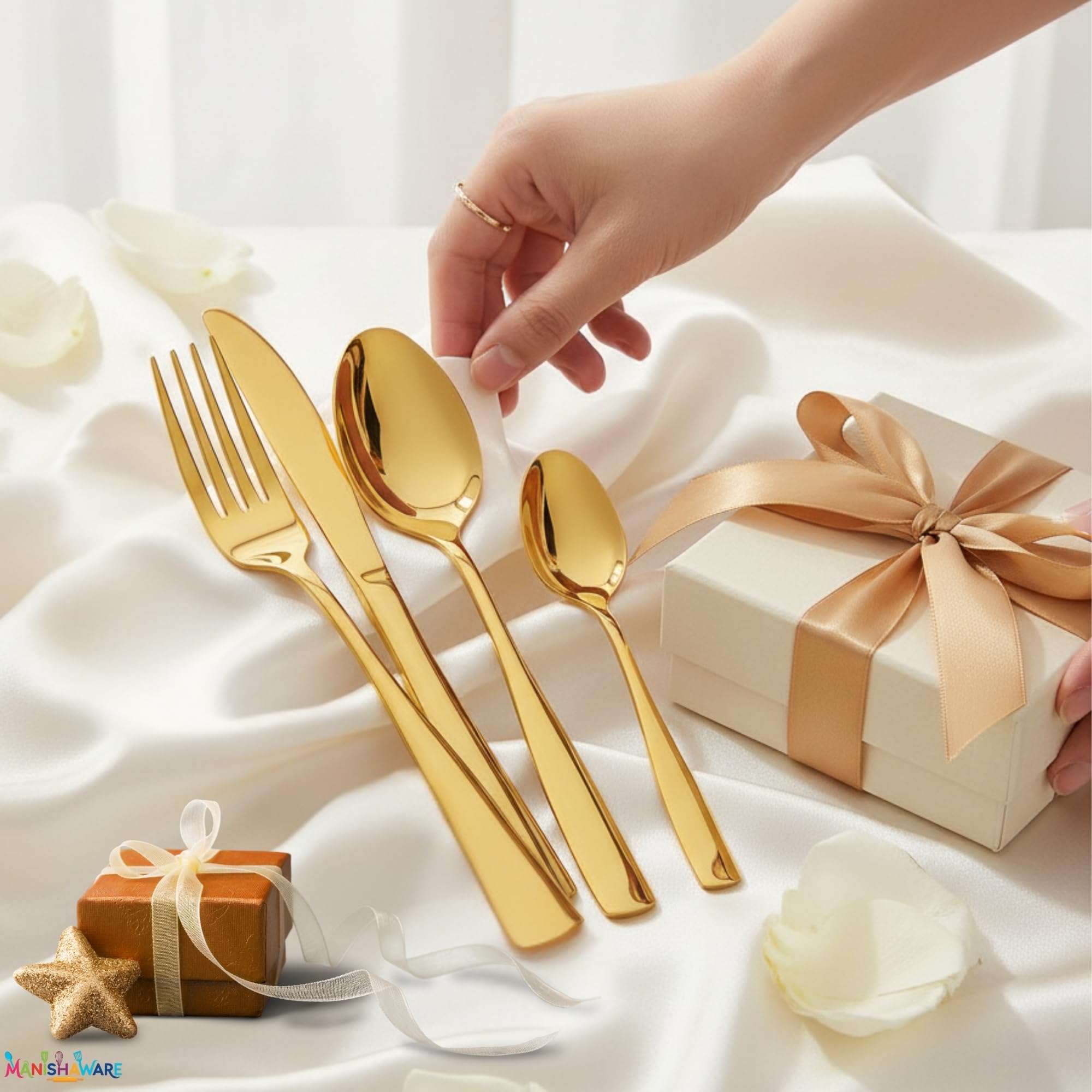 Manishaware Mirror Polished Gold 12 Pcs Stainless Steel Cutlery Set for Dining Table, Dishwasher Safe Glossy Flatware (3 spoon set + 3 forks set + 3 Butter knife + 3 Dessert Spoon)