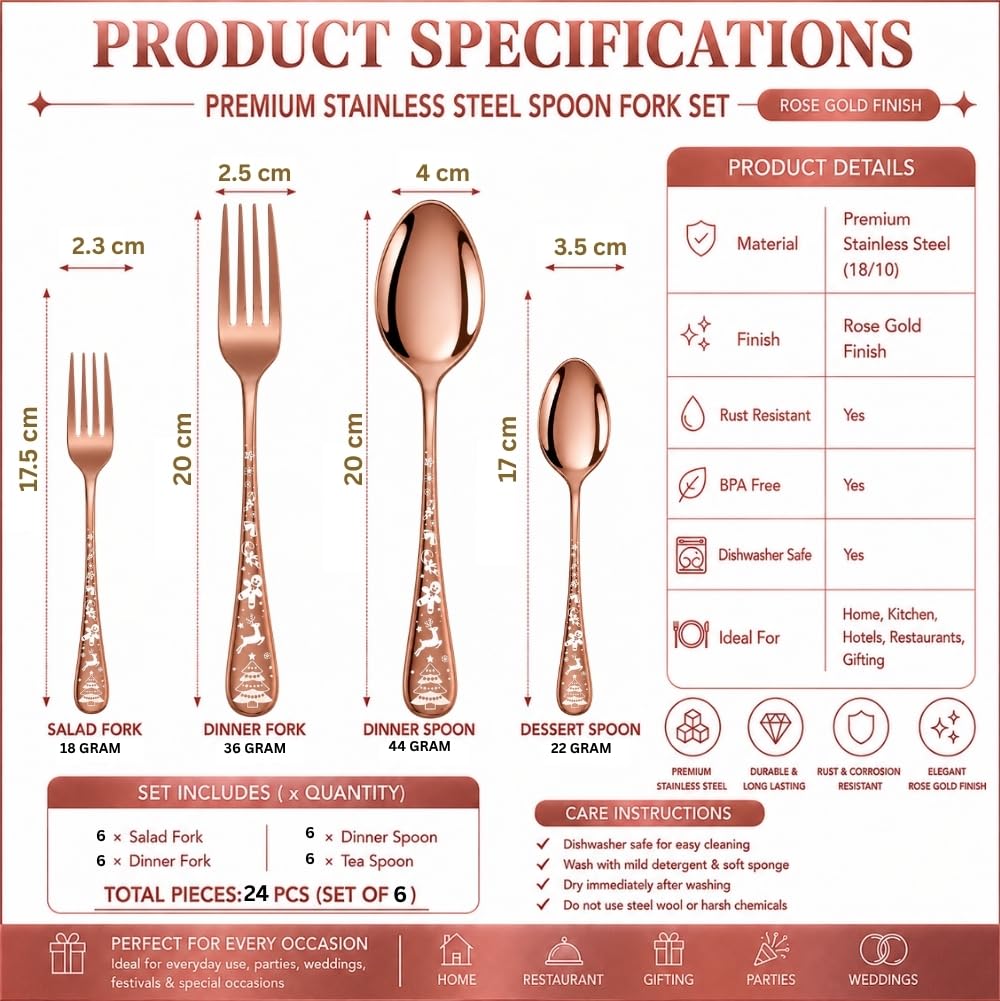 Manishaware Classic Rose Gold 24 Pcs Stainless Steel Cutlery Set for Dining Table, Dishwasher Safe Glossy Flatware (Perfect Spoon Fork Set)