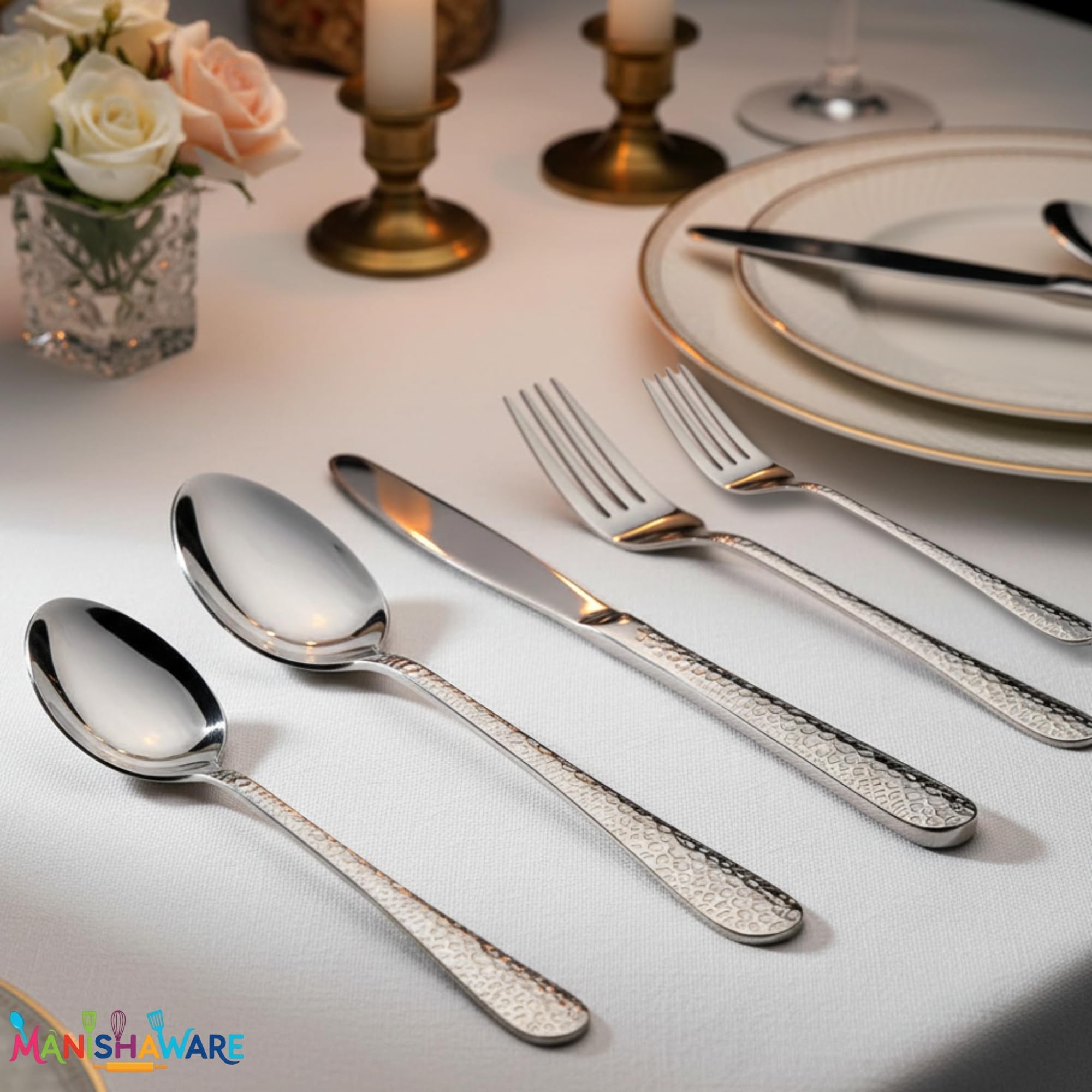 Manishaware Hammered Stainless Steel Cutlery Set for Dining Table, Dishwasher Safe Glossy Flatware (4 spoon set+4 forks set+4 Butter knife+4 Dessert Spoon+ 4 Fruit Fork)
