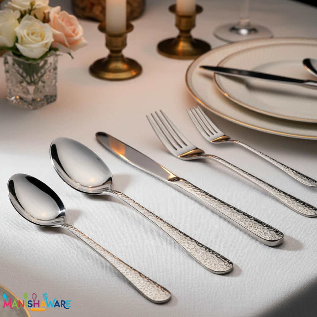 Manishaware Hammered Silver 15 Pcs Stainless Steel Cutlery Set for Dining Table, Dishwasher Safe Glossy Flatware (3 spoon set+3 forks set+3 Butter knife+3 Dessert Spoon+ 3 Fruit Fork)