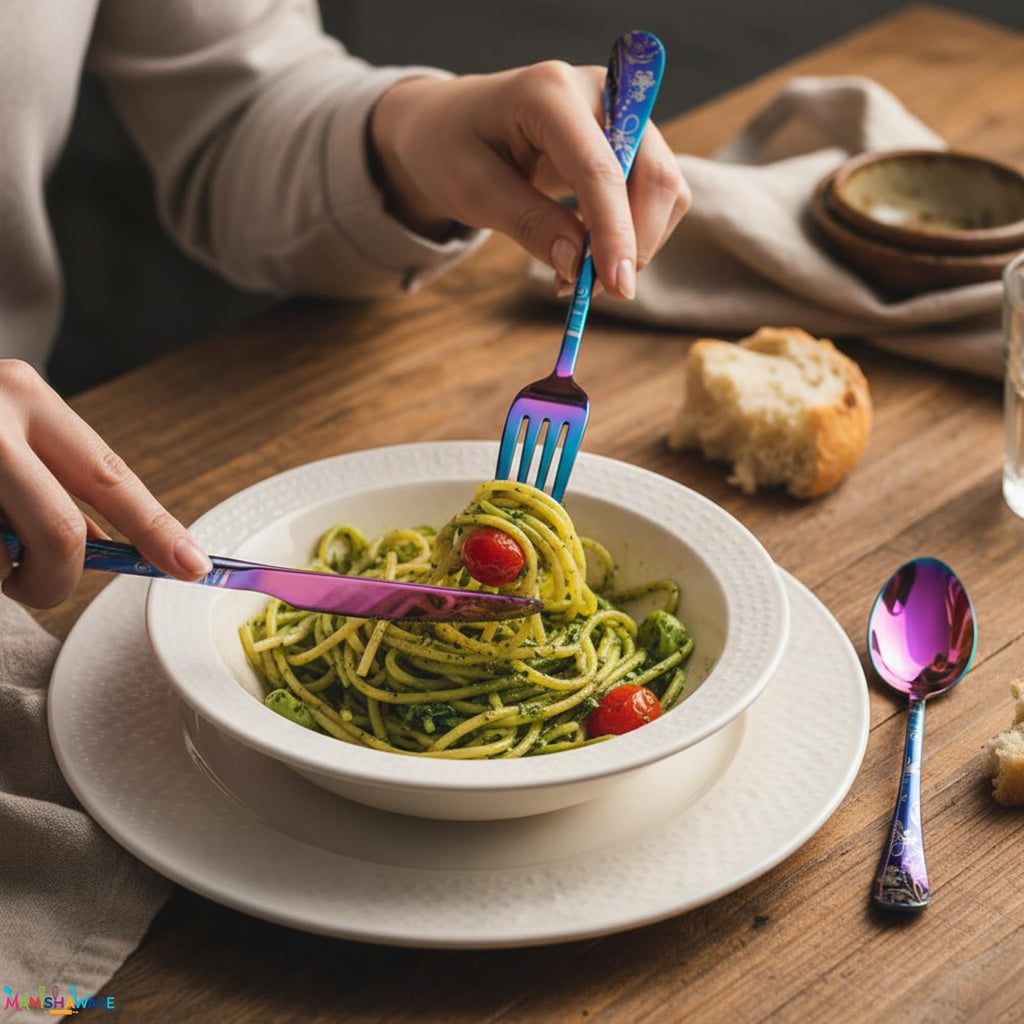 Manishaware Floral Rainbow 20 Pcs Stainless Steel Cutlery Set for Dining Table, Dishwasher Safe Glossy Flatware (4 spoon set+4 forks set+4 Butter knife+4 Dessert Spoon+ 4 FruitFork)