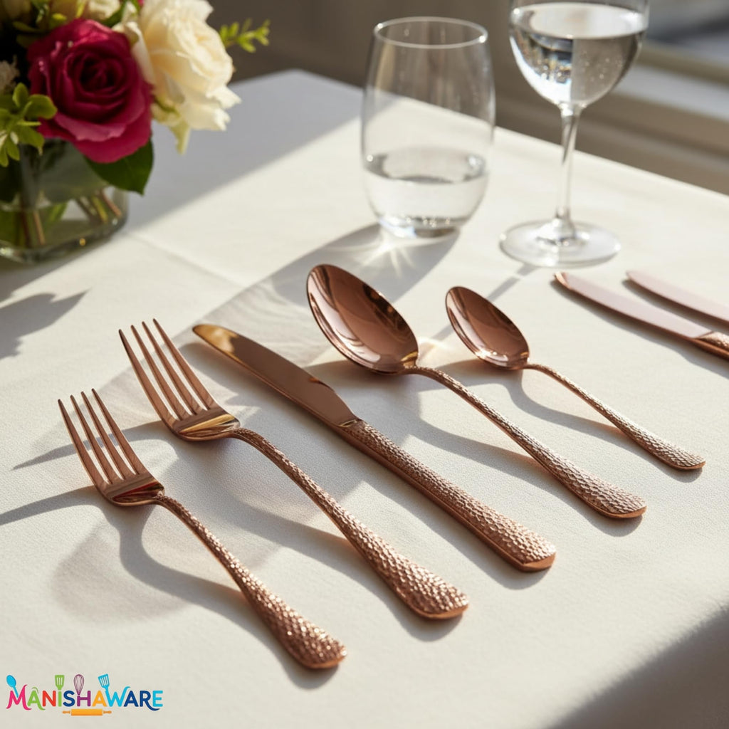 Manishaware Hammered Rose Gold 20 Pcs Stainless Steel Cutlery Set for Dining Table, Dishwasher Safe Glossy Flatware (4 spoon set+4 forks set+4 Butter knife+4 Dessert Spoon+ 4 Fruit Fork)