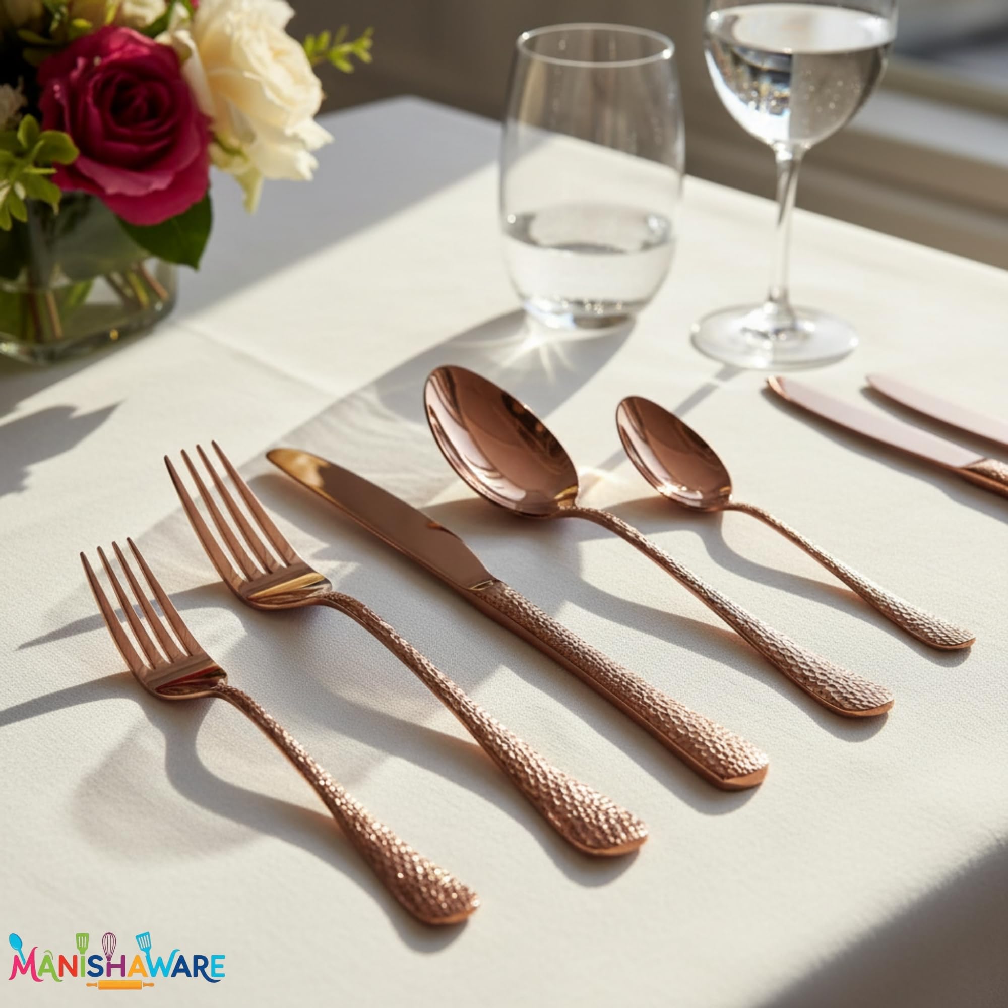Manishaware Hammered Rose Gold 20 Pcs Stainless Steel Cutlery Set for Dining Table, Dishwasher Safe Glossy Flatware (4 spoon set+4 forks set+4 Butter knife+4 Dessert Spoon+ 4 Fruit Fork)