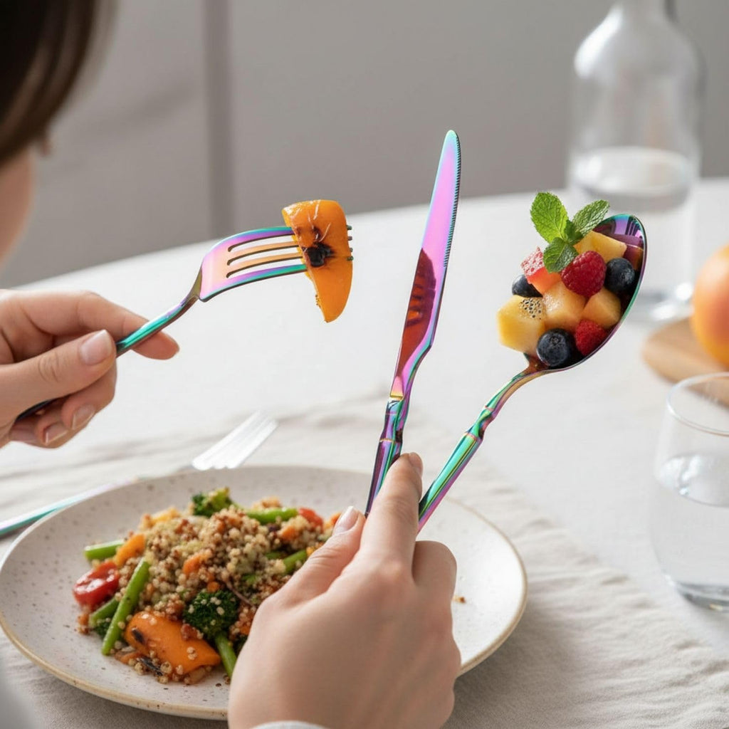 Manishaware Elegant Handle Rainbow 25 Pcs Stainless Steel Cutlery Set for Dining Table, Dishwasher Safe Glossy Flatware (5 spoon set+5 forks set+5 Butter knife+5 Dessert Spoon+5 Fruit Fork)