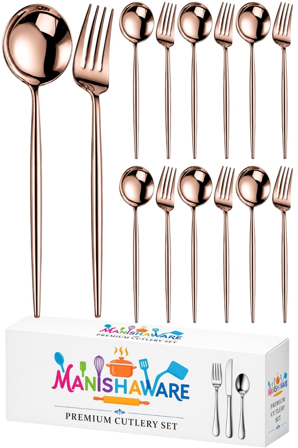 Manishaware Slim Handle 12 Pcs Stainless Steel Cutlery Set for Dining Table, Dishwasher Safe Glossy Flatware (6 Forks & 6 Spoons)