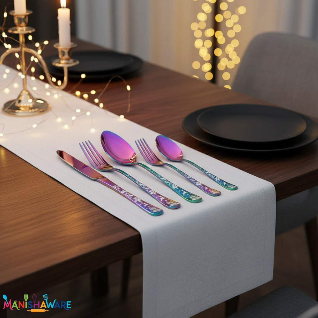 Manishaware Christmas Rainbow 10 Pcs Stainless Steel Cutlery Set for Dining Table, Dishwasher Safe Glossy Flatware (2 spoon set+2 forks set+2 Butter knife+2 Dessert Spoon+ 2 Fruit Fork)