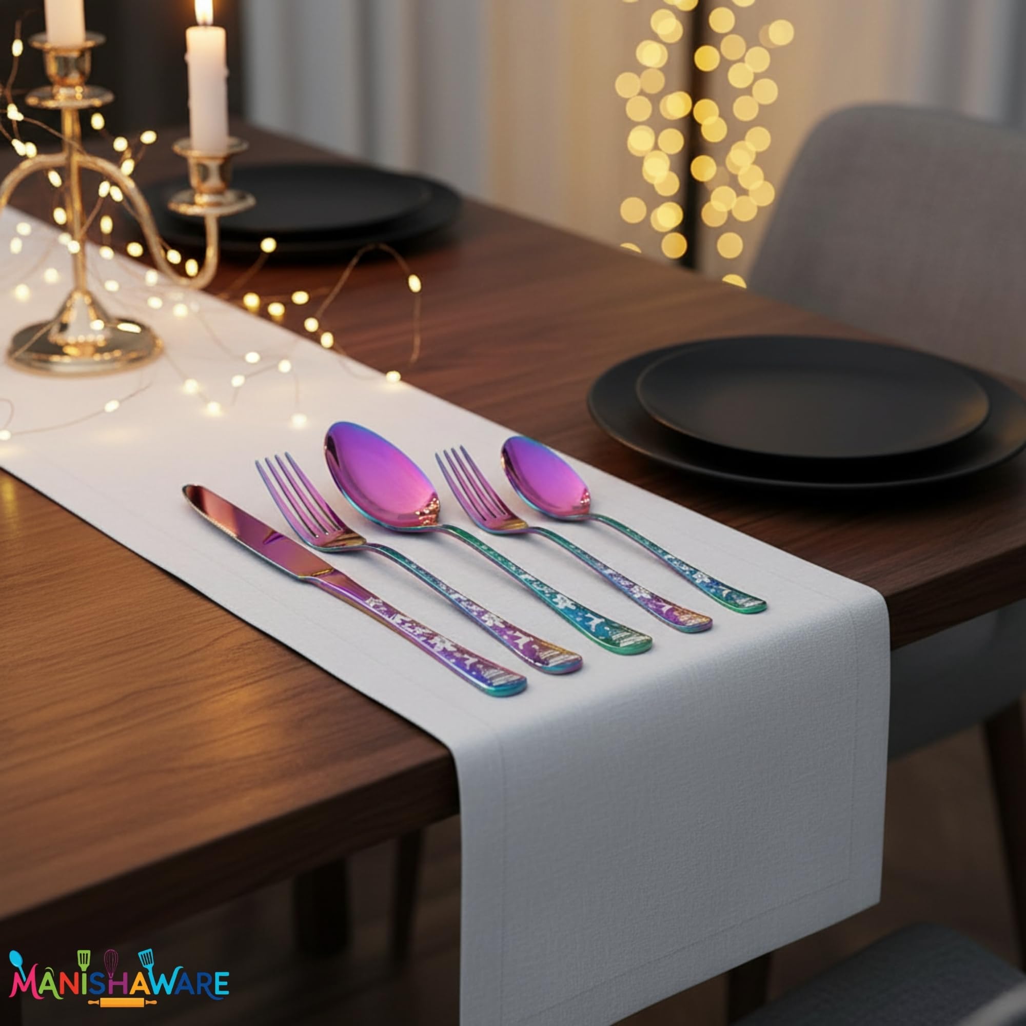 Manishaware Christmas Rainbow 10 Pcs Stainless Steel Cutlery Set for Dining Table, Dishwasher Safe Glossy Flatware (2 spoon set+2 forks set+2 Butter knife+2 Dessert Spoon+ 2 Fruit Fork)