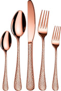 Manishaware Hammered Rose Gold 20 Pcs Stainless Steel Cutlery Set for Dining Table, Dishwasher Safe Glossy Flatware (4 spoon set+4 forks set+4 Butter knife+4 Dessert Spoon+ 4 Fruit Fork)