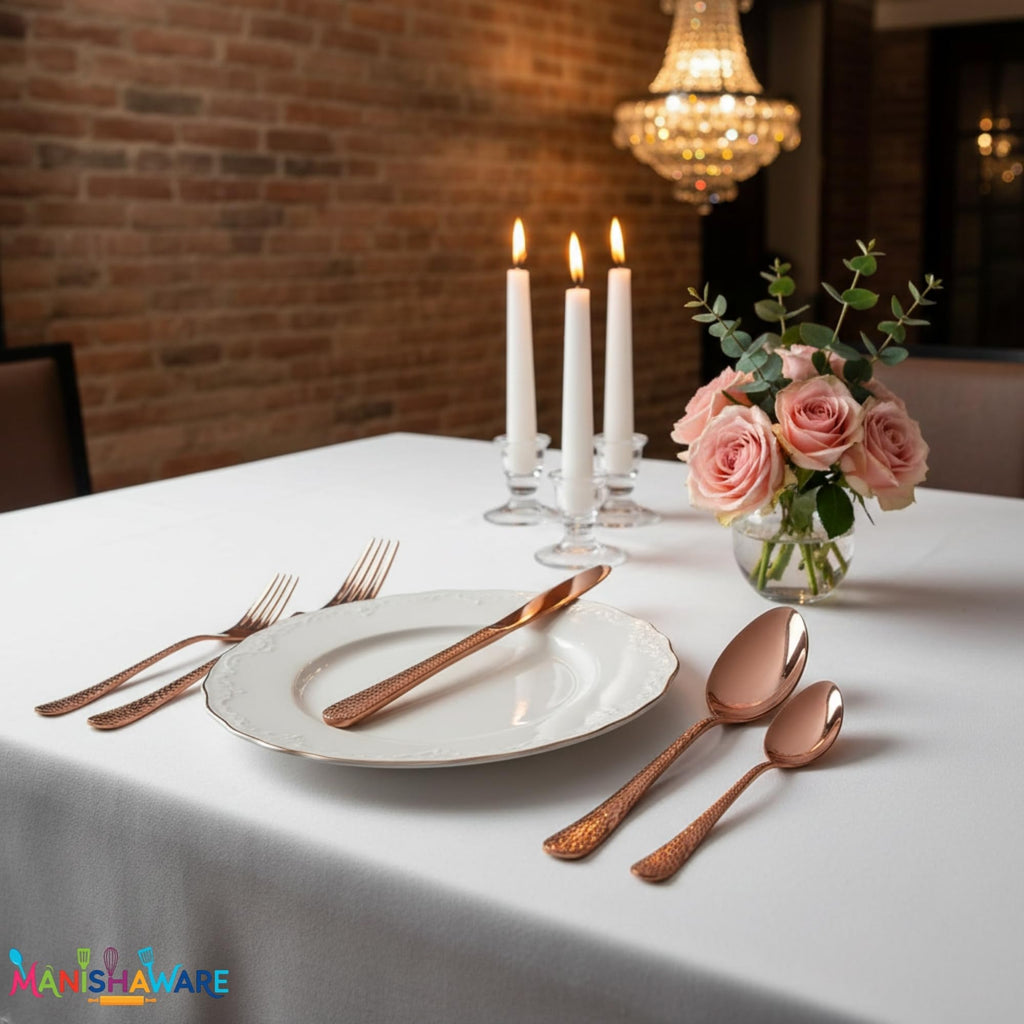Manishaware Hammered Rose Gold 20 Pcs Stainless Steel Cutlery Set for Dining Table, Dishwasher Safe Glossy Flatware (4 spoon set+4 forks set+4 Butter knife+4 Dessert Spoon+ 4 Fruit Fork)