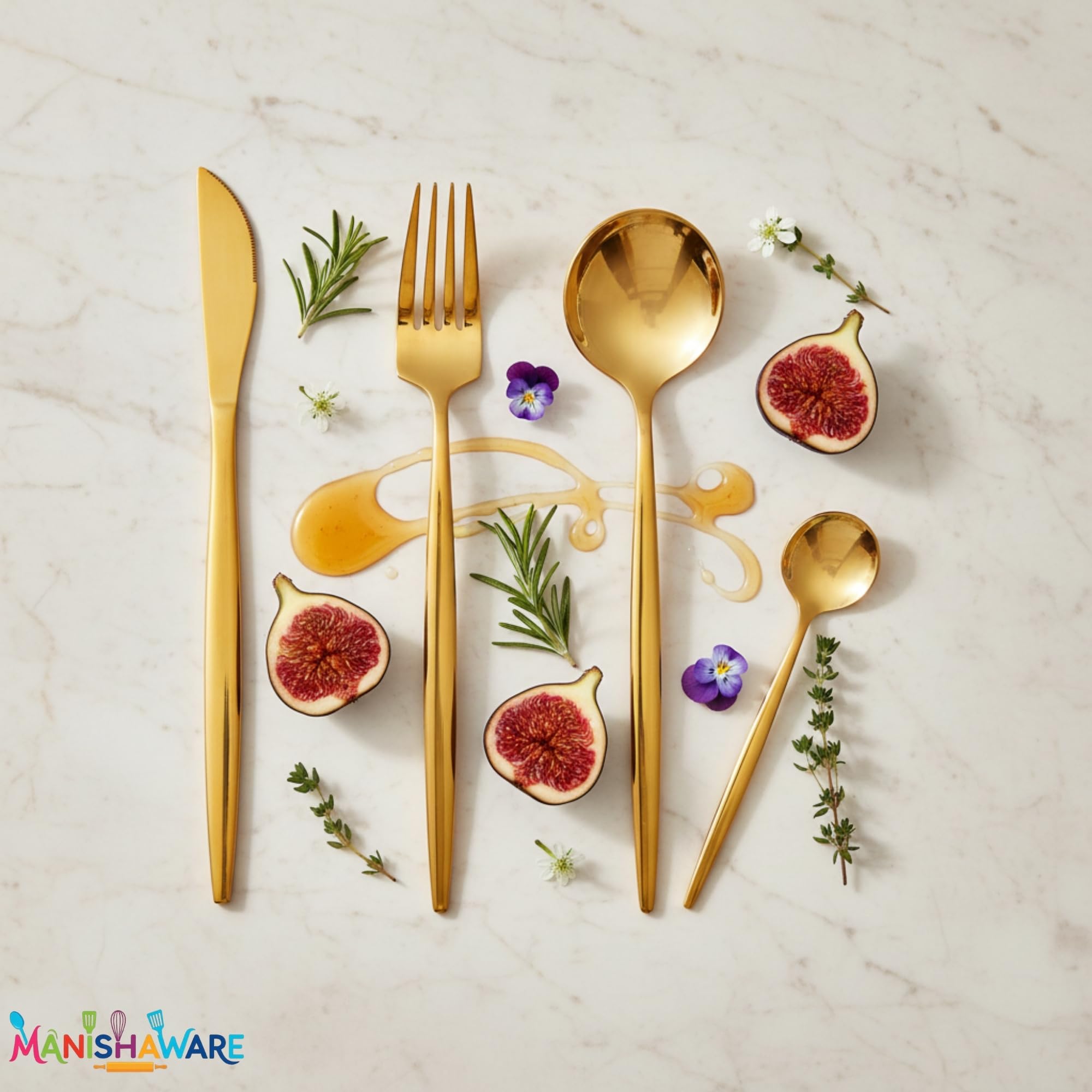 Manishaware Slim Handle Gold 4 Pcs Stainless Steel Cutlery Set for Dining Table, Dishwasher Safe Glossy Flatware (1 spoon set + 1 forks set + 1 Butter knife + 1 Dessert Spoon)