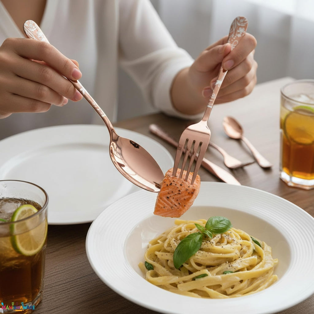 Manishaware Floral Rose Gold 10 Pcs Stainless Steel Cutlery Set for Dining Table, Dishwasher Safe Glossy Flatware (2 spoon set+2 forks set+2 Butter knife+2 Dessert Spoon+ 2 FruitFork)