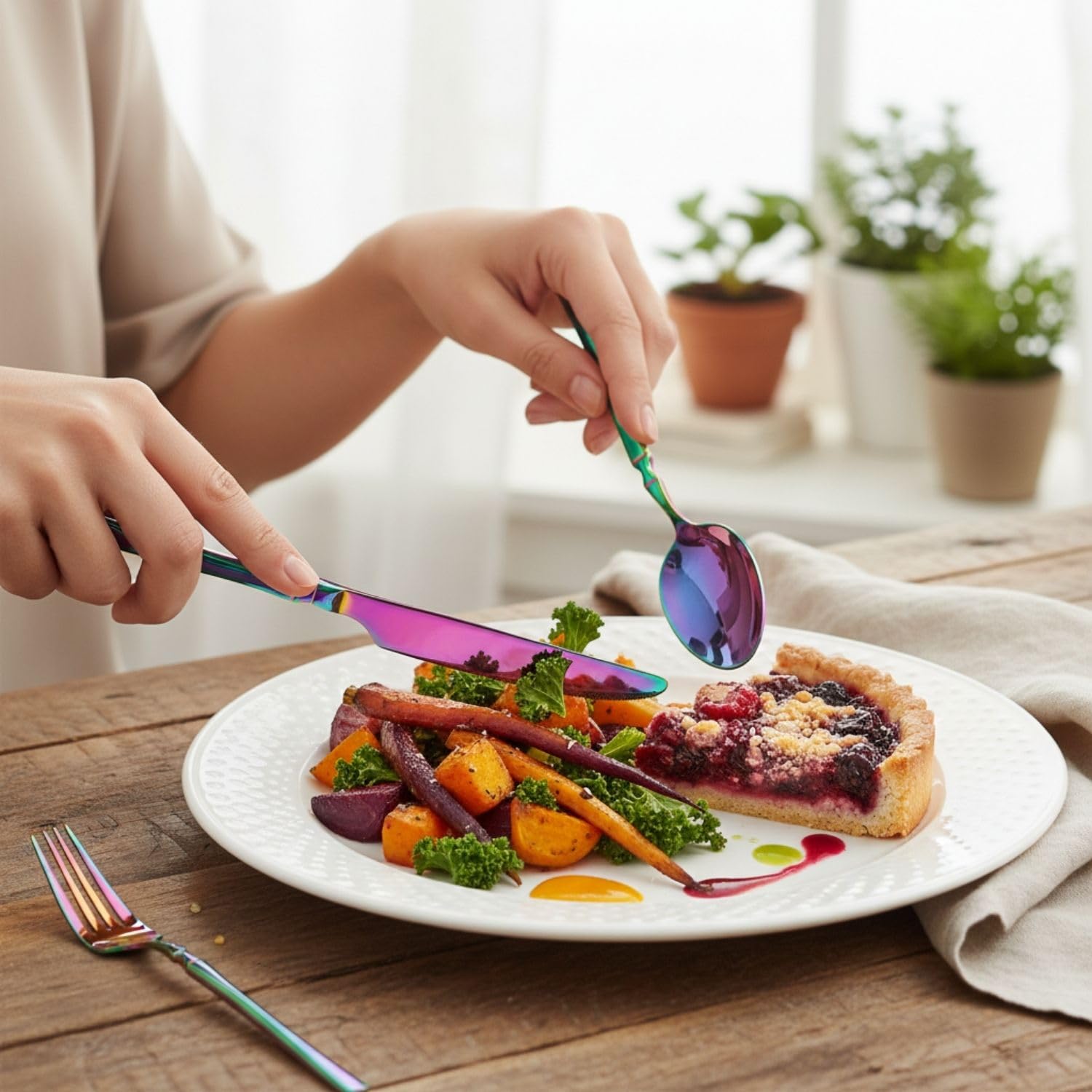 Manishaware Elegant Handle Rainbow 20 Pcs Stainless Steel Cutlery Set for Dining Table, Dishwasher Safe Glossy Flatware (4 spoon set+4 forks set+4 Butter knife+4 Dessert Spoon+ 4 Fruit Fork)