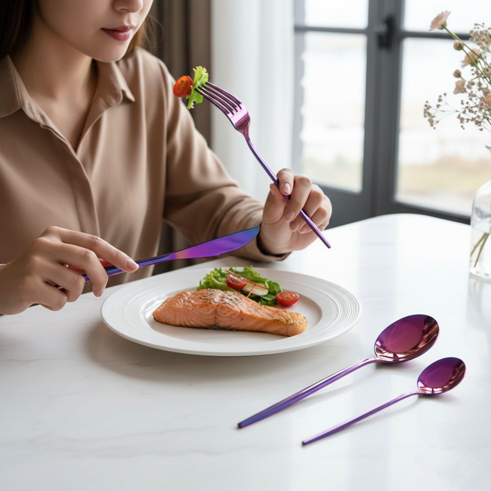 Manishaware Slim Handle Pink 30 Pcs Stainless Steel Cutlery Set for Dining Table, Dishwasher Safe Glossy Flatware (6 spoon set+6 forks set+6 Butter knife+6 Dessert Spoon+ 6 Fruit Fork)