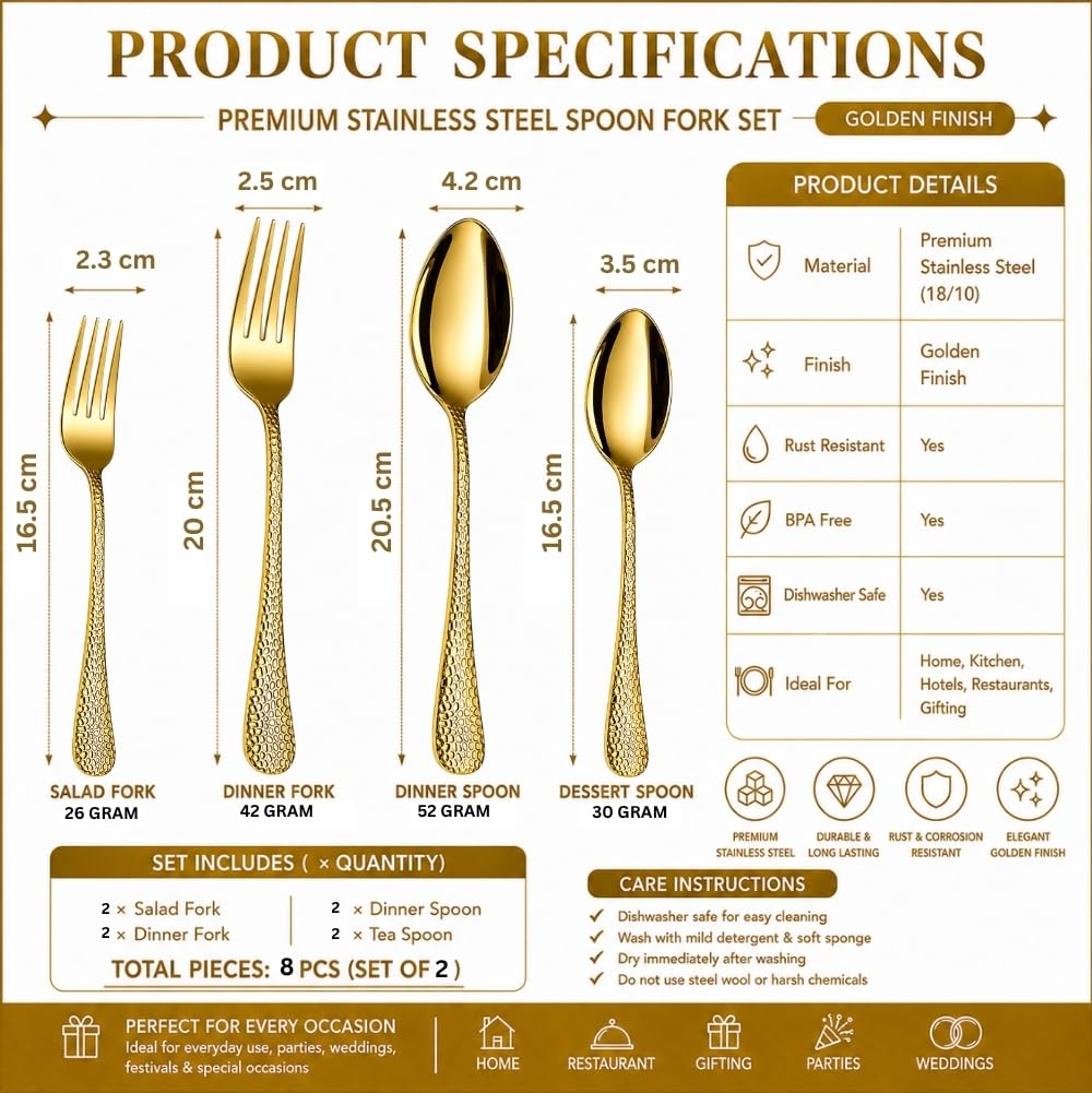 Manishaware Classic Gold 8 Pcs Stainless Steel Cutlery Set for Dining Table, Dishwasher Safe Glossy Flatware (Perfect Spoon Fork Set)