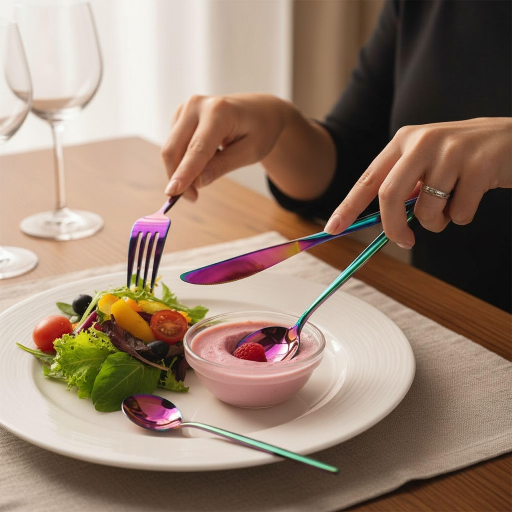 Manishaware Slim Handle Rainbow 30 Pcs Stainless Steel Cutlery Set for Dining Table, Dishwasher Safe Glossy Flatware (6 spoon set+6 forks set+6 Butter knife+6 Dessert Spoon+ 6 Fruit Fork)
