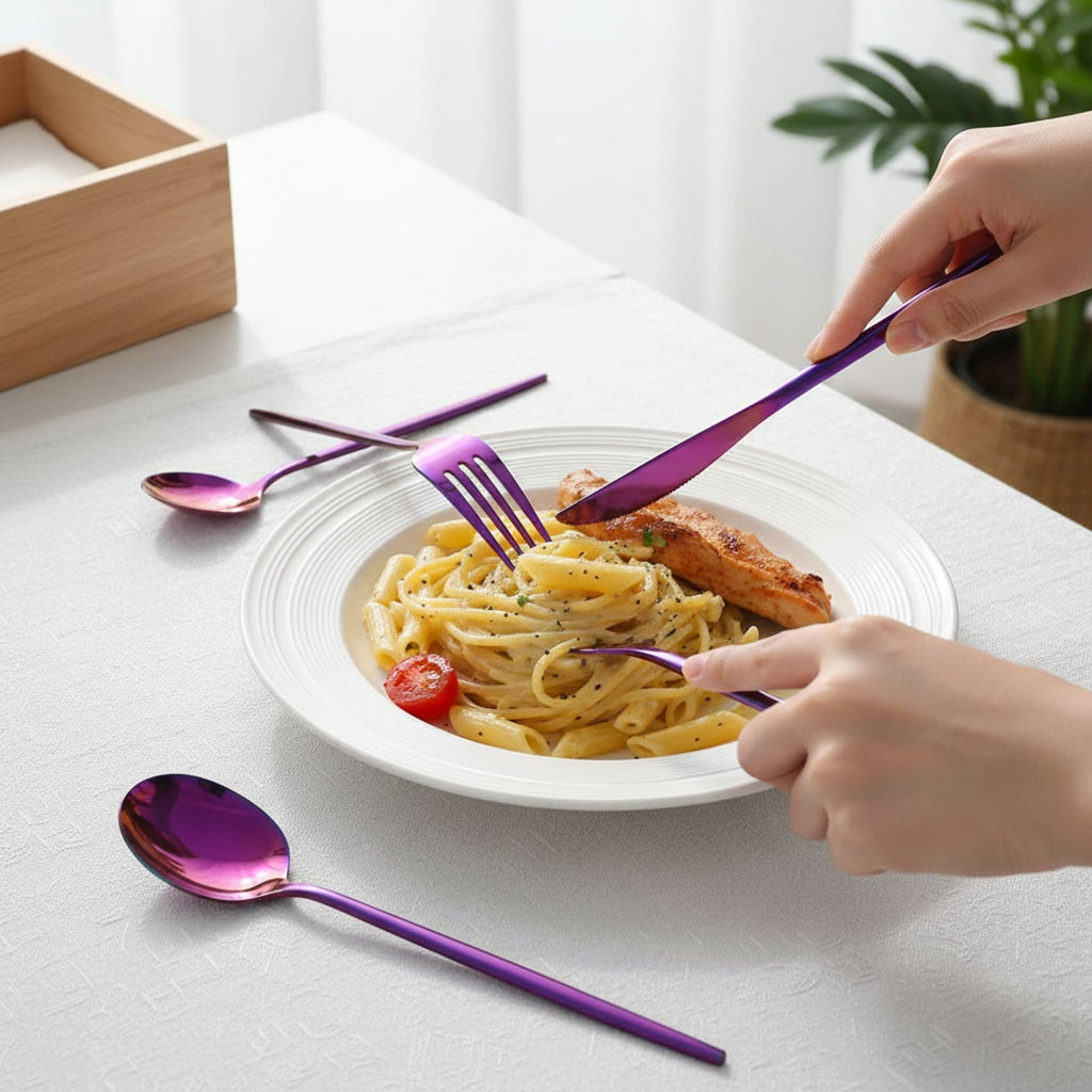 Manishaware Slim Handle Pink 25 Pcs Stainless Steel Cutlery Set for Dining Table, Dishwasher Safe Glossy Flatware (5 spoon set+5 forks set+5 Butter knife+5 Dessert Spoon+5 Fruit Fork)