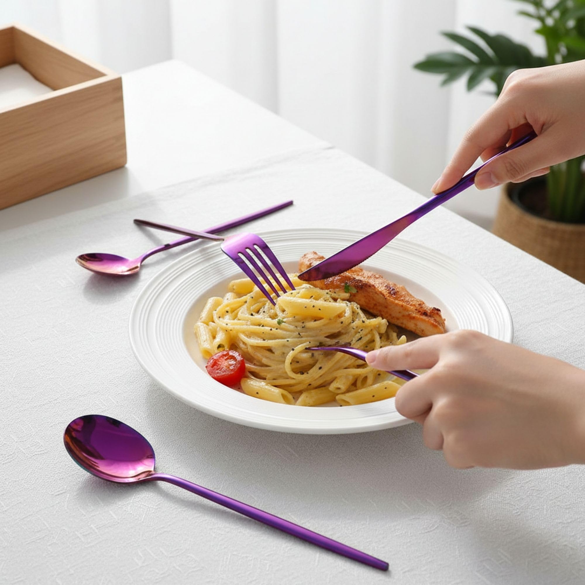 Manishaware Slim Handle Pink 25 Pcs Stainless Steel Cutlery Set for Dining Table, Dishwasher Safe Glossy Flatware (5 spoon set+5 forks set+5 Butter knife+5 Dessert Spoon+5 Fruit Fork)
