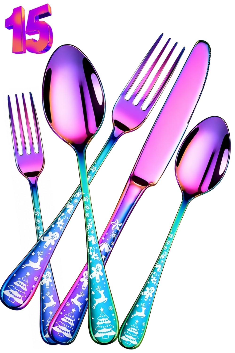 Manishaware Christmas Rainbow 15 Pcs Stainless Steel Cutlery Set for Dining Table, Dishwasher Safe Glossy Flatware (3 spoon set+3 forks set+3 Butter knife+3 Dessert Spoon+ 3 Fruit Fork)