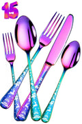 Manishaware Christmas Rainbow 15 Pcs Stainless Steel Cutlery Set for Dining Table, Dishwasher Safe Glossy Flatware (3 spoon set+3 forks set+3 Butter knife+3 Dessert Spoon+ 3 Fruit Fork)