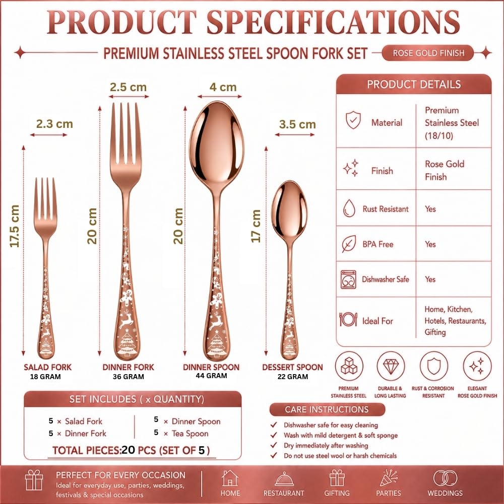 Manishaware Classic Rose Gold 20 Pcs Stainless Steel Cutlery Set for Dining Table, Dishwasher Safe Glossy Flatware (Perfect Spoon Fork Set)