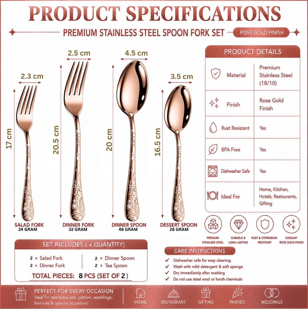 Manishaware Classic Rose Gold 8 Pcs Stainless Steel Cutlery Set for Dining Table, Dishwasher Safe Glossy Flatware (Perfect Spoon Fork Set)