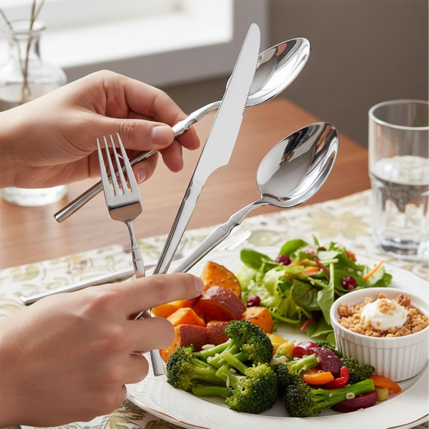 Manishaware Elegant Handle Heavy duty Stainless Steel Cutlery Set for Dining table (spoon set+ forks set+ Butter knife+ Dessert Spoon for kitchen)
