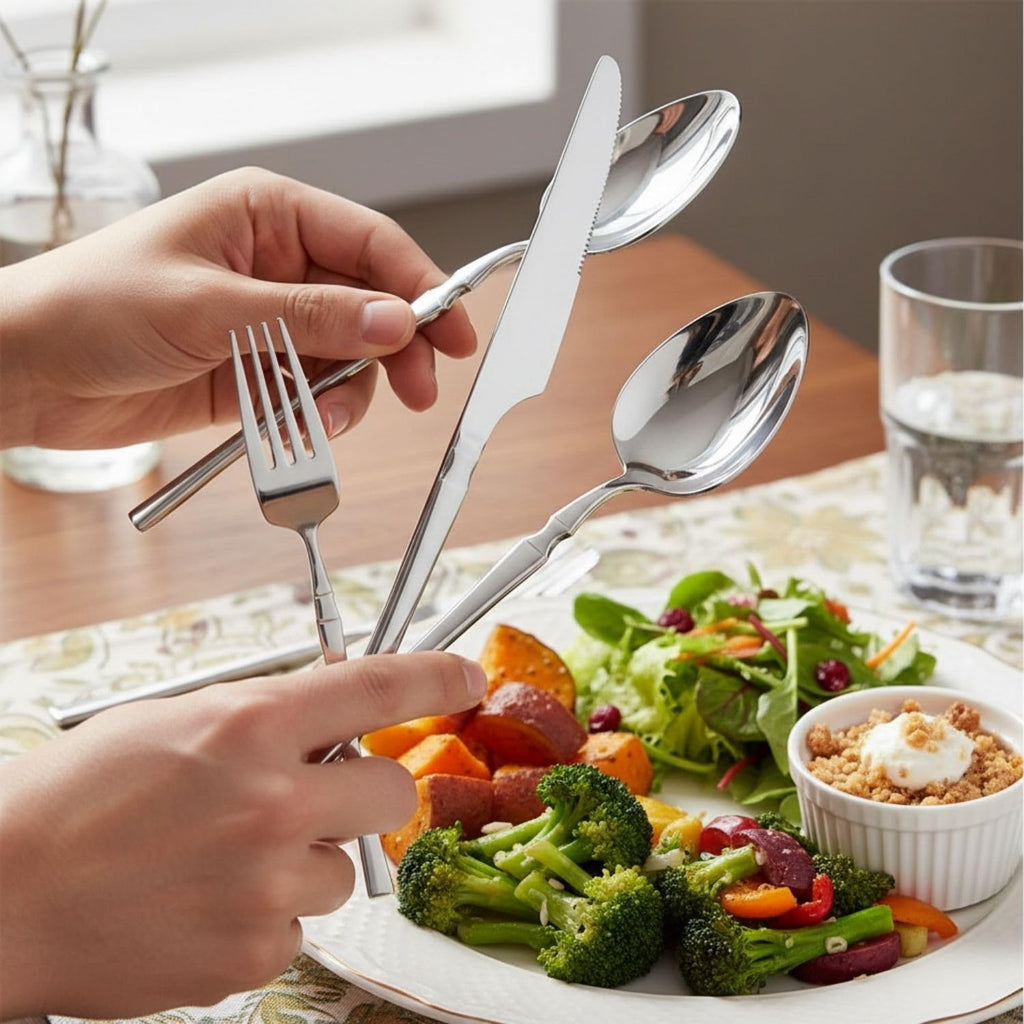 Manishaware Elegant Handle Silver 24 Pcs Heavy duty Stainless Steel Cutlery Set for Dining table (6 pcs spoon set+6 pcs forks set+6 pcs Butter knife+6 pcs Dessert Spoon for kitchen)