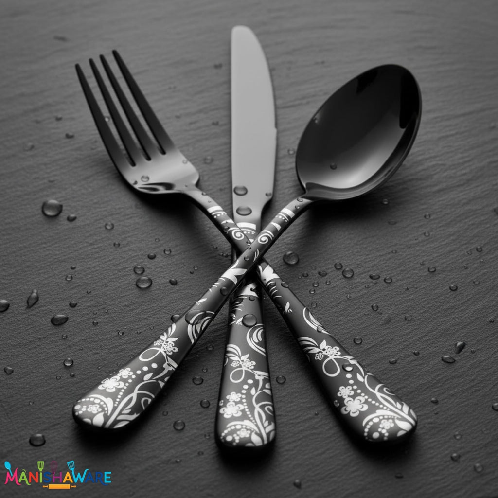 Black Floral premium cutlery set, 30 Pcs family pack, a perfect wedding, housewarming, corporate and festival gift