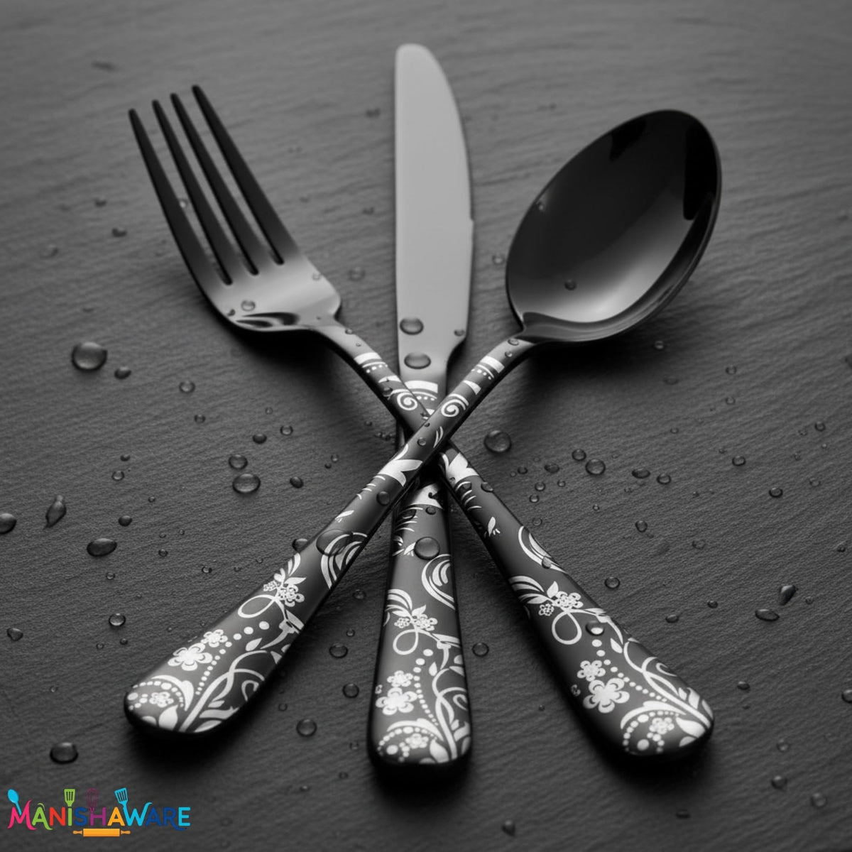 Black Floral premium cutlery set, 30 Pcs family pack, a perfect wedding, housewarming, corporate and festival gift