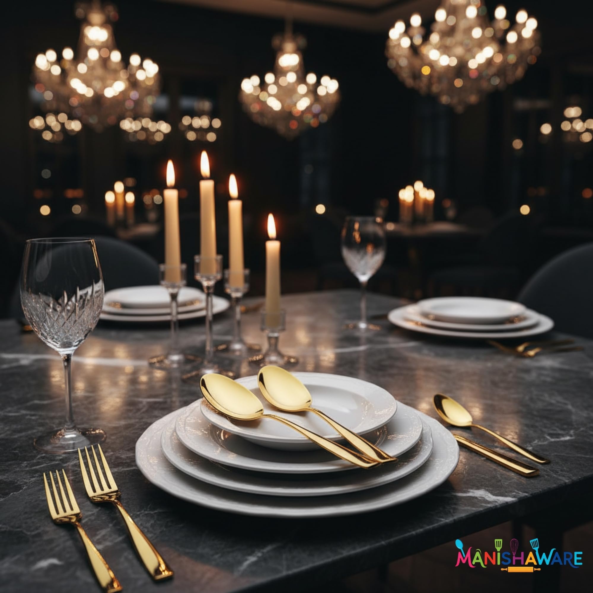 Manishaware Mirror Polished Gold 8 Pcs Stainless Steel Cutlery Set for Dining Table, Dishwasher Safe Glossy Flatware (2 spoon set + 2 forks set + 2 Butter knife + 2 Dessert Spoon)