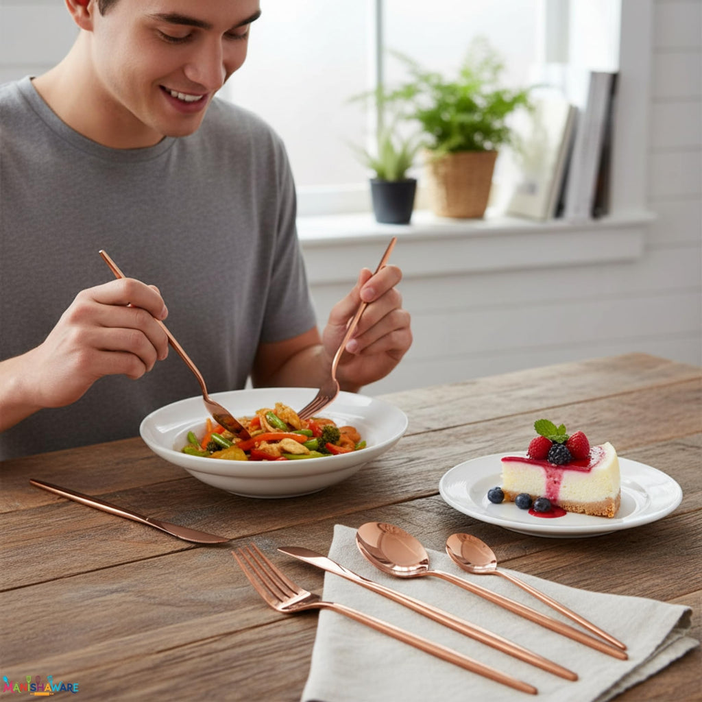 Manishaware Slim Handle Rose Gold 4 Pcs Stainless Steel Cutlery Set for Dining Table, Dishwasher Safe Glossy Flatware (1 spoon set + 1 forks set + 1 Butter knife + 1 Dessert Spoon)