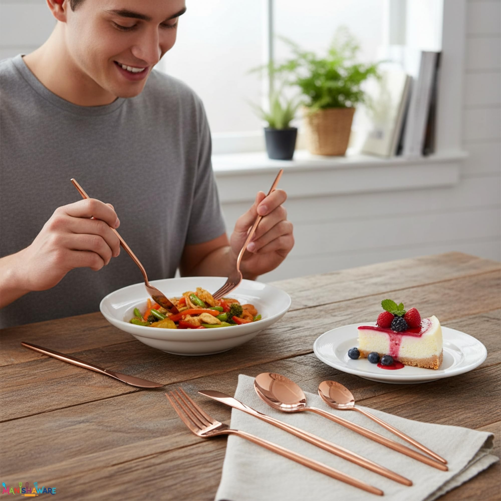 Manishaware Slim Handle Rose Gold 24 Pcs Stainless Steel Cutlery Set for Dining Table, Dishwasher Safe Glossy Flatware (6 spoon set+6 forks set+6 Butter knife+6 Dessert Spoon)