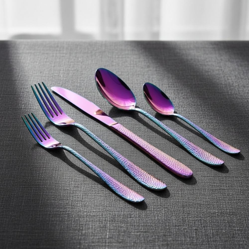 Manishaware Hammered 30 Pcs Stainless Steel Cutlery Set for Dining Table, Dishwasher Safe Glossy Flatware (6 spoon set+6 forks set+6 Butter knife+6 Dessert Spoon+ 6 Fruit Fork)