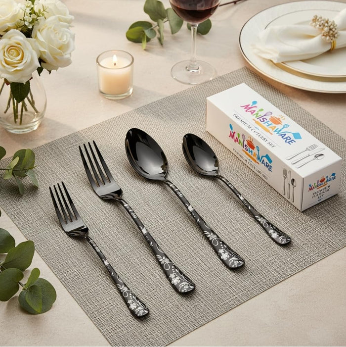 Black Essential Cutlery Set Floral Design