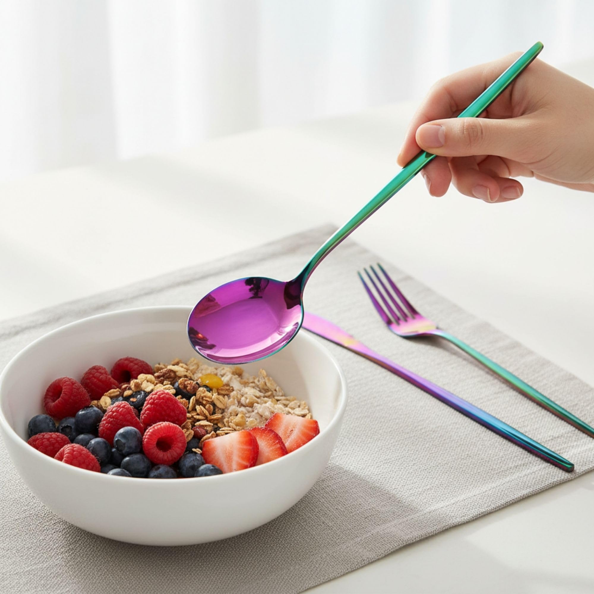 Manishaware Slim Handle Rainbow 5 Pcs Stainless Steel Cutlery Set for Dining Table, Dishwasher Safe Glossy Flatware (1 spoon set+1 forks set+1 Butter knife+1 Dessert Spoon+ 1 Fruit Fork)