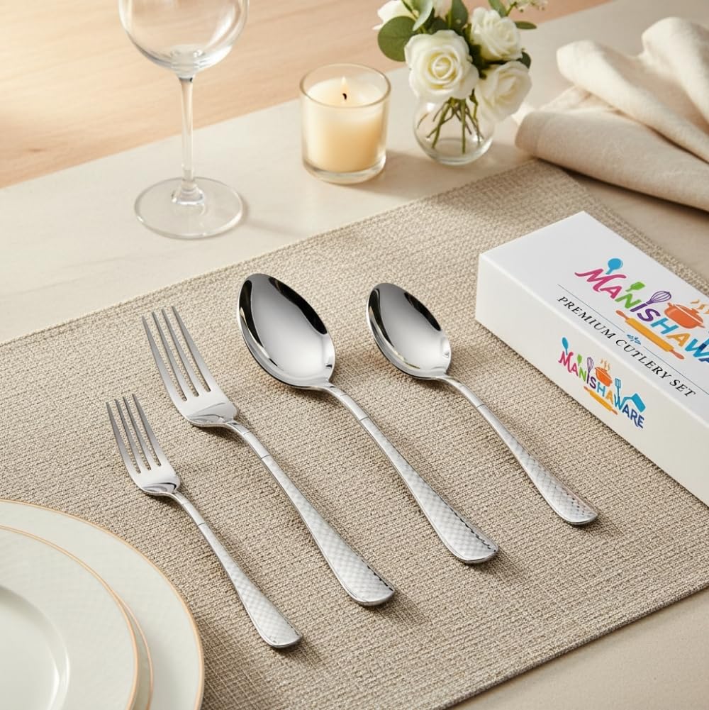 Silver Checker Indian cutlery set, rust resistant stainless steel, a perfect wedding, housewarming, corporate and festival gift