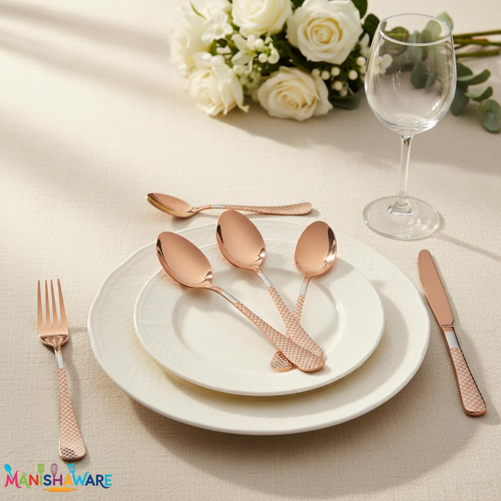 Manishaware Checkered Rose Gold 15 Pcs Stainless Steel Cutlery Set for Dining Table, Dishwasher Safe Glossy Flatware (3 spoon set+3 forks set+3 Butter knife+3 Dessert Spoon+ 3 Fruit Fork)