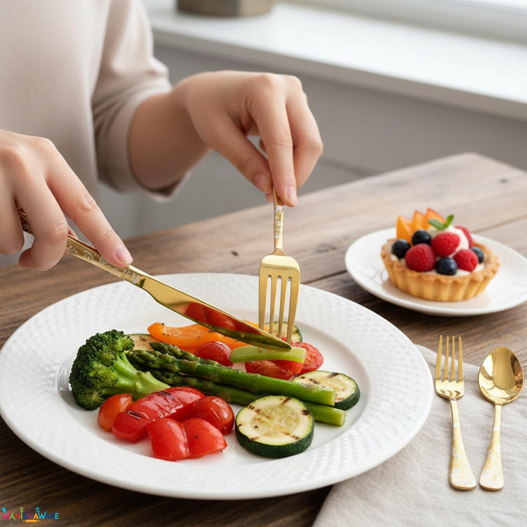 Manishaware Floral Gold 15 Pcs Stainless Steel Cutlery Set for Dining Table, Dishwasher Safe Glossy Flatware (3 spoon set+3 forks set+3 Butter knife+3 Dessert Spoon+ 3 FruitFork)