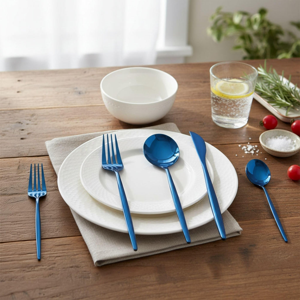 Manishaware Slim Handle Blue 25 Pcs Stainless Steel Cutlery Set for Dining Table, Dishwasher Safe Glossy Flatware (5 spoon set+5 forks set+5 Butter knife+5 Dessert Spoon+5 Fruit Fork)