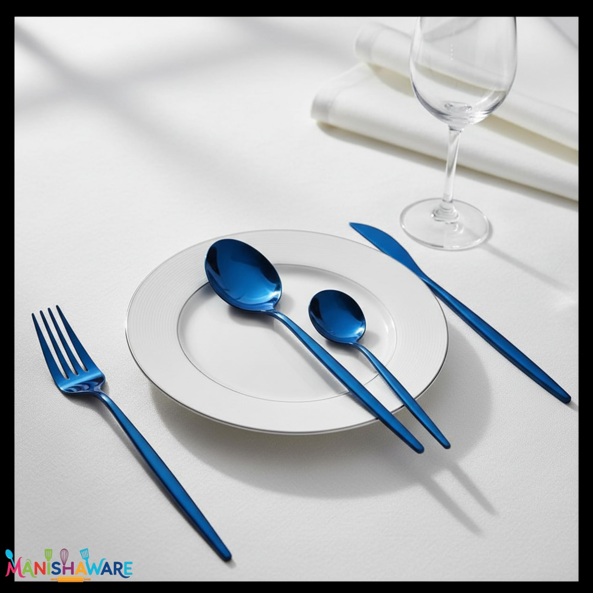 Manishaware Slim Handle Blue 8 Pcs Stainless Steel Cutlery Set for Dining Table, Dishwasher Safe Glossy Flatware (2 spoon set+2 forks set+2 Butter knife+2 Dessert Spoon)
