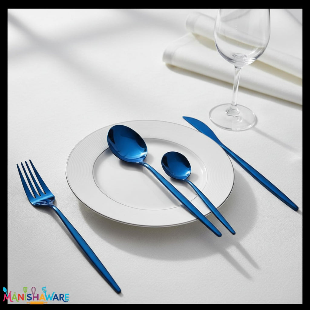 Manishaware Slim Handle Blue 20 Pcs Stainless Steel Cutlery Set for Dining Table, Dishwasher Safe Glossy Flatware (5 spoon set+5 forks set+5 Butter knife+5 Dessert Spoon)