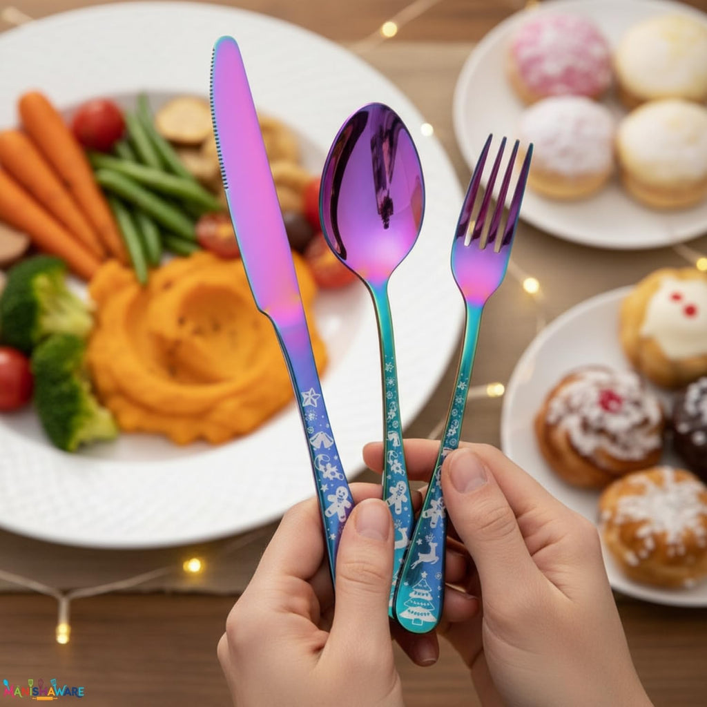 Manishaware Christmas Stainless Steel Cutlery Set for Dining Table, Dishwasher Safe Glossy Flatware (4 spoon set+4 forks set+4 Butter knife+4 Dessert Spoon+ 4 Fruit Fork)