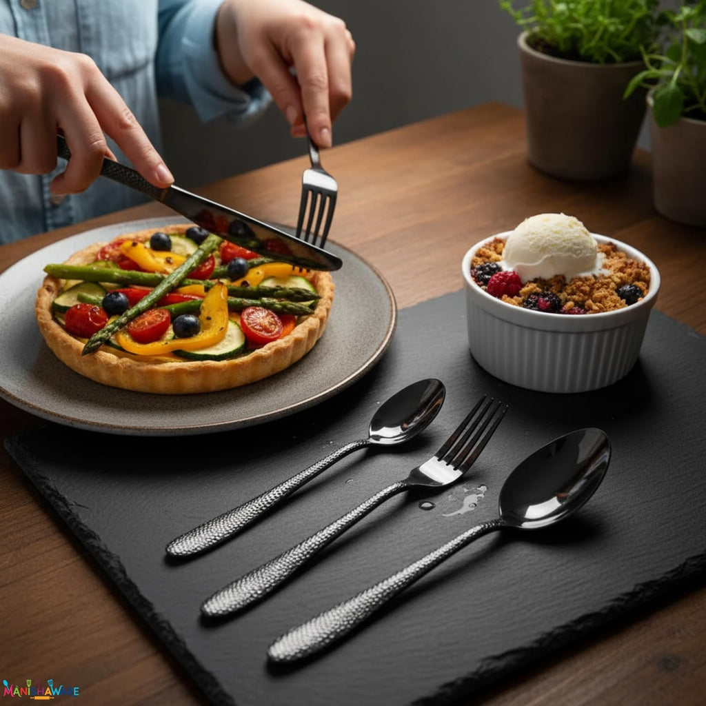 Manishaware Hammered Stainless Steel Cutlery Set for Dining Table, Dishwasher Safe Glossy Flatware (4 spoon set+4 forks set+4 Butter knife+4 Dessert Spoon+ 4 Fruit Fork)