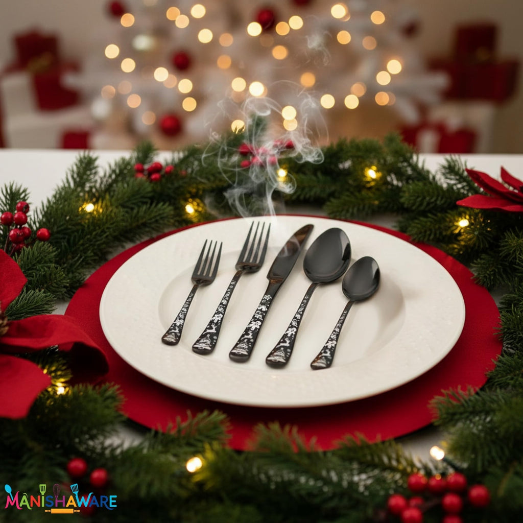 Manishaware Christmas Black 20 Pcs Stainless Steel Cutlery Set for Dining Table, Dishwasher Safe Glossy Flatware (4 spoon set+4 forks set+4 Butter knife+4 Dessert Spoon+ 4 Fruit Fork)
