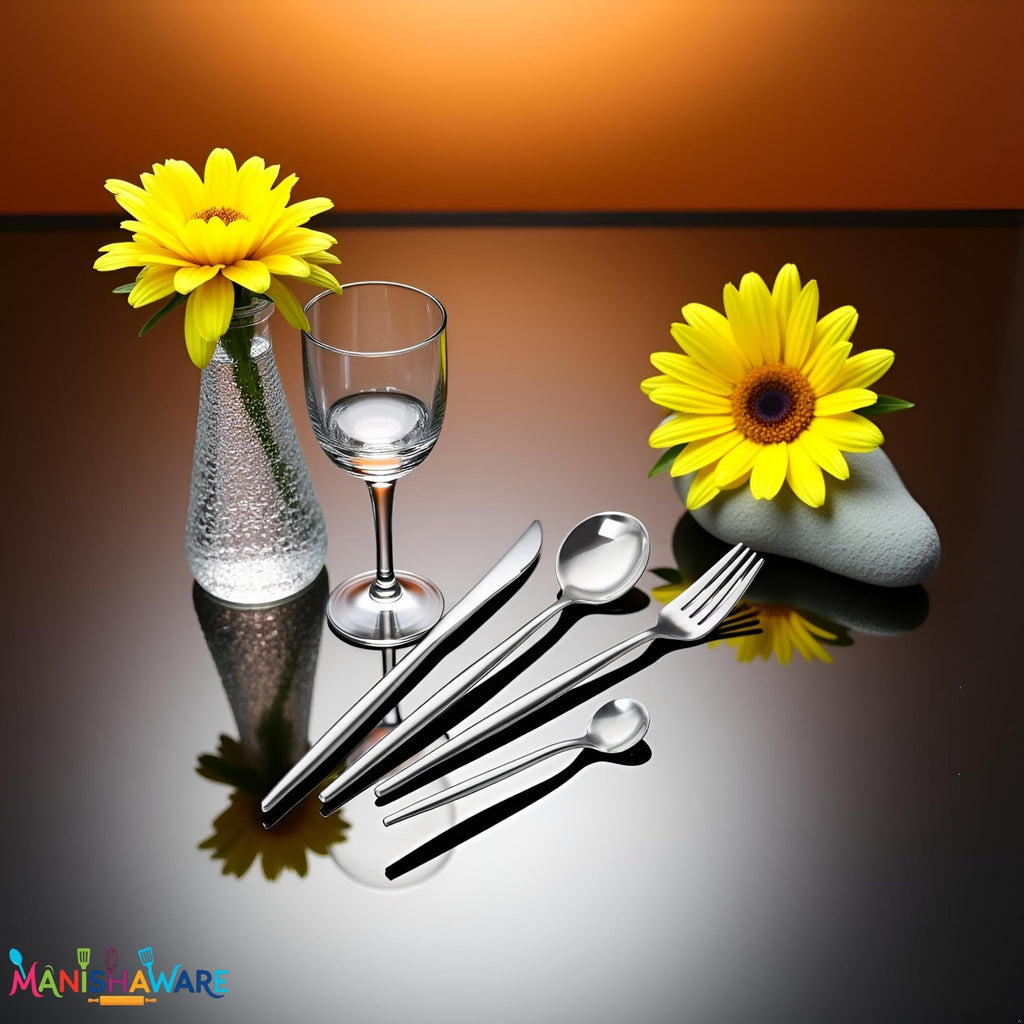 Manishaware Slim Handle Silver 4 Pcs Stainless Steel Cutlery Set for Dining Table, Dishwasher Safe Glossy Flatware (1 spoon set + 1 forks set + 1 Butter knife + 1 Dessert Spoon)