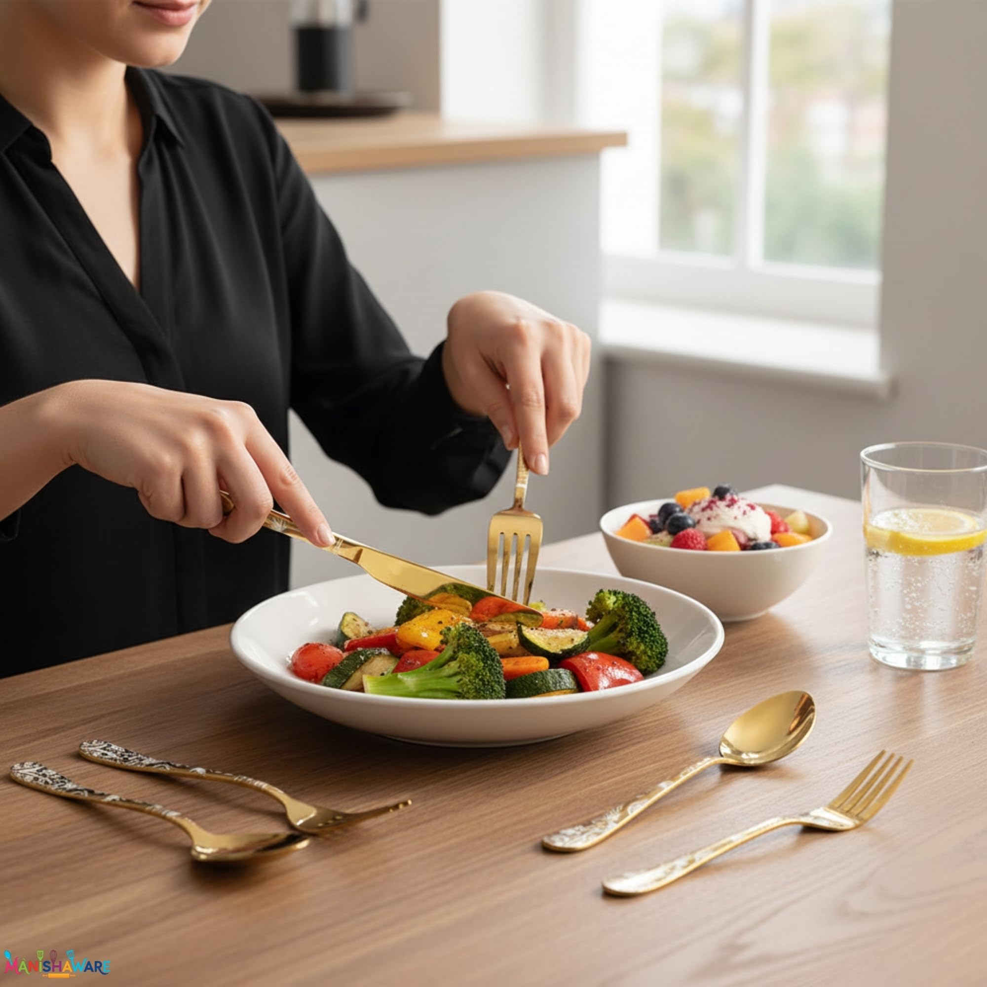 Manishaware Floral Stainless Steel Cutlery Set for Dining Table, Dishwasher Safe Glossy Flatware (4 spoon set+4 forks set+4 Butter knife+4 Dessert Spoon+ 4 FruitFork)
