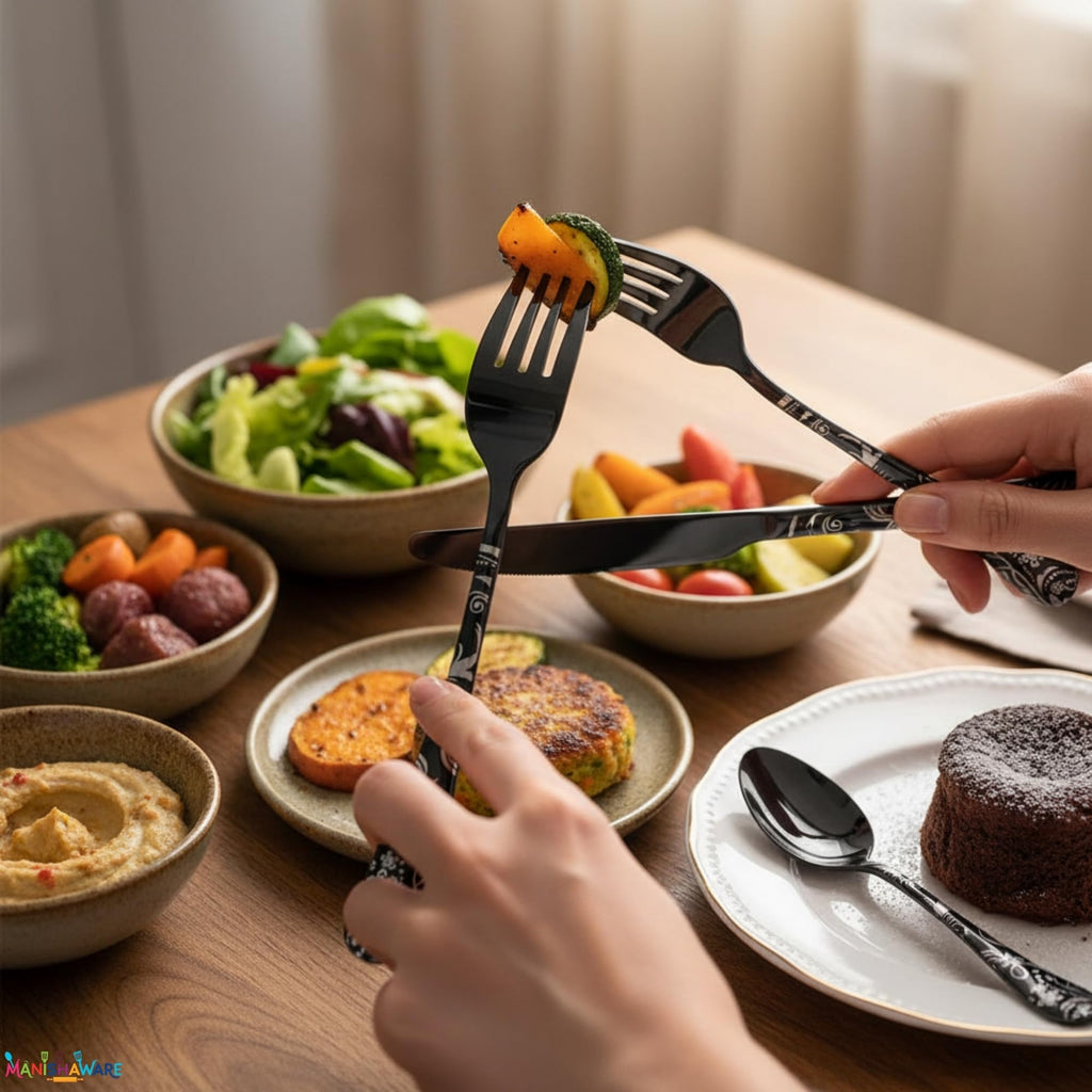 Manishaware Floral Black 10 Pcs Stainless Steel Cutlery Set for Dining Table, Dishwasher Safe Glossy Flatware (2 spoon set+2 forks set+2 Butter knife+2 Dessert Spoon+ 2 FruitFork)