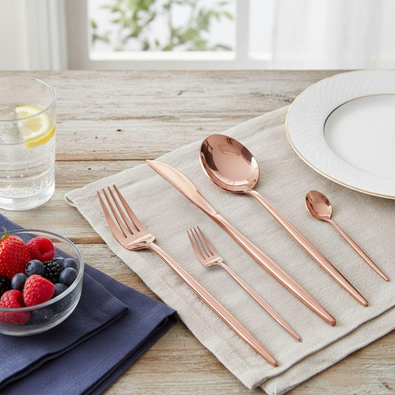 Manishaware Slim Handle Rose Gold 25 Pcs Stainless Steel Cutlery Set for Dining Table, Dishwasher Safe Glossy Flatware (5 spoon set+5 forks set+5 Butter knife+5 Dessert Spoon+5 Fruit Fork)
