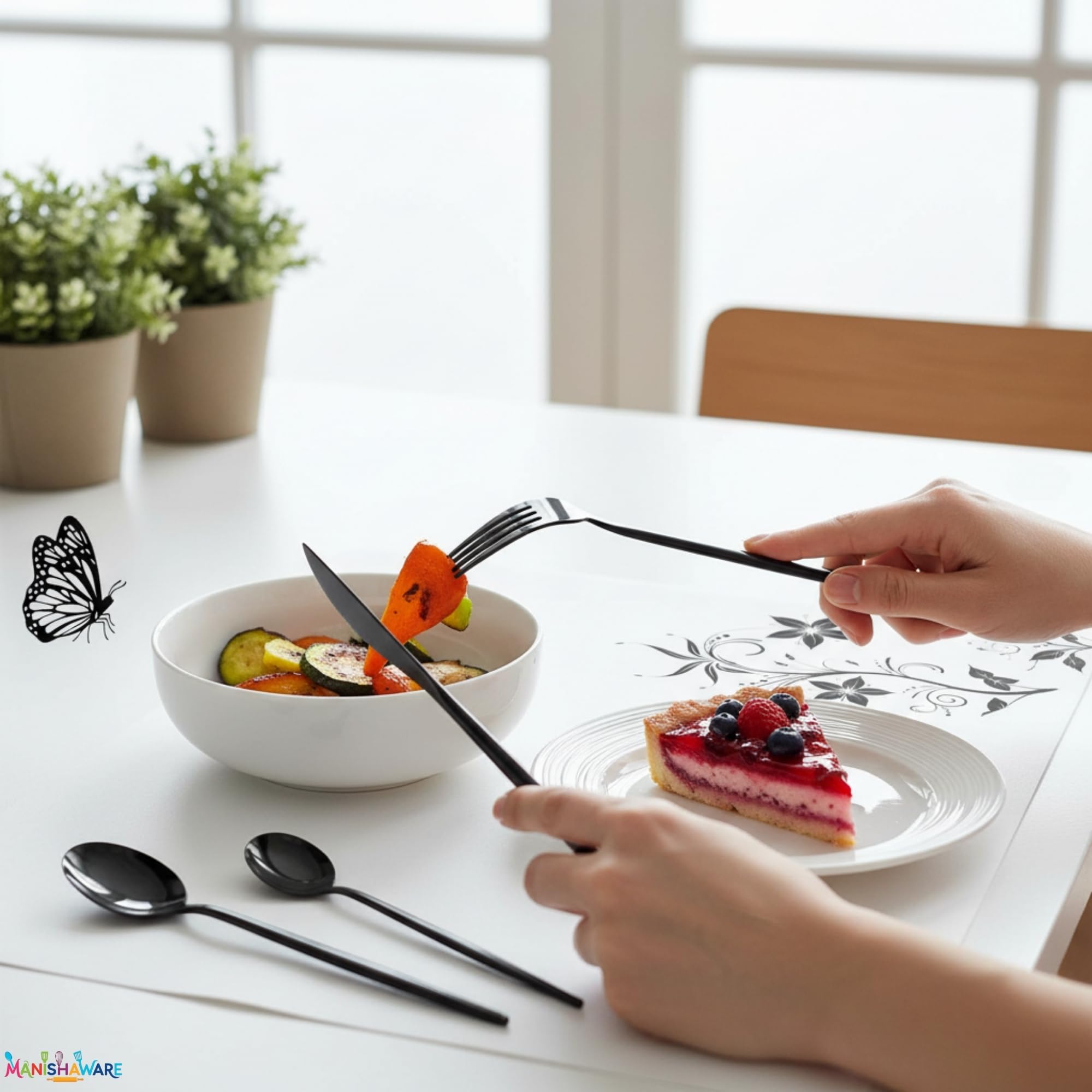 Manishaware Slim Handle Black 24 Pcs Stainless Steel Cutlery Set for Dining Table, Dishwasher Safe Glossy Flatware (6 spoon set+6 forks set+6 Butter knife+6 Dessert Spoon)
